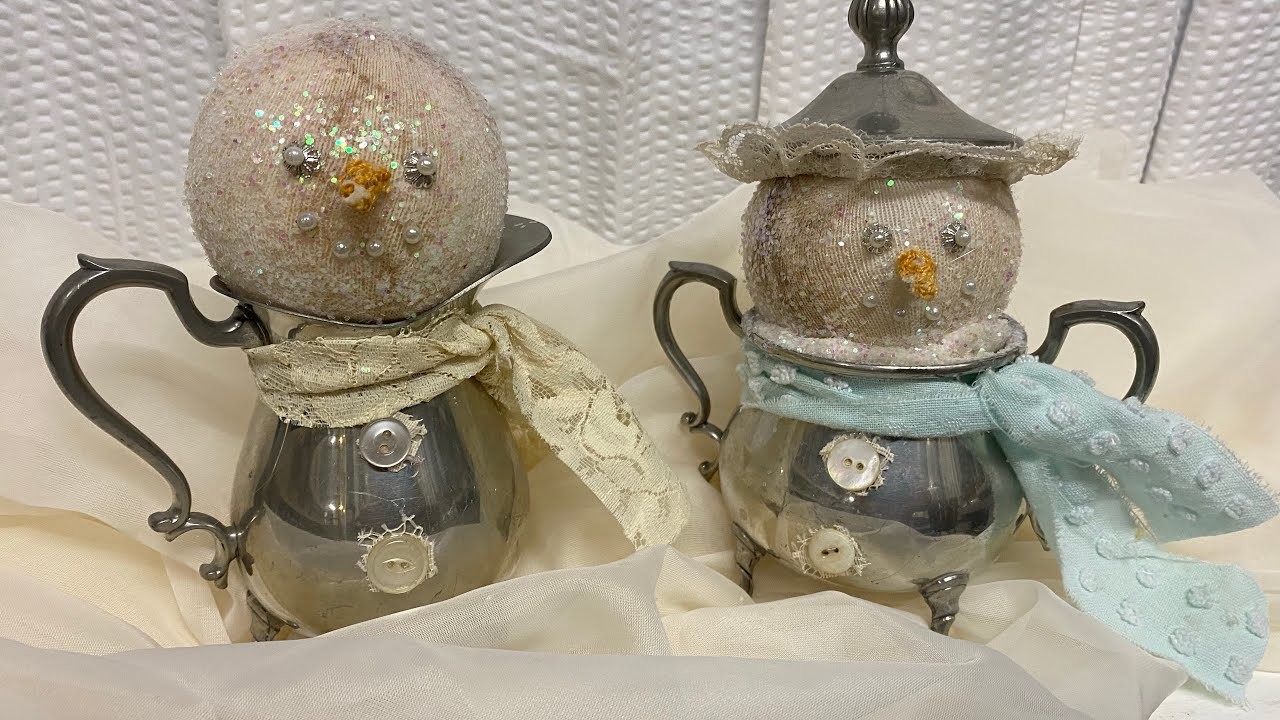 How to make a Pair of Shabby Chic Snowman from a creamer and sugar set