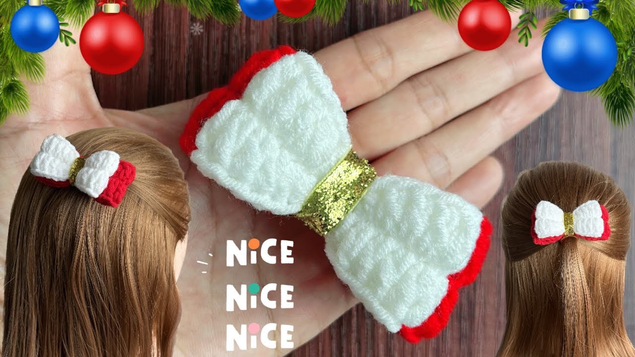 Easy but Wonderful‼️???? Red&White Christmas Hair Bow. How to Crochet a Bow Hair Clip