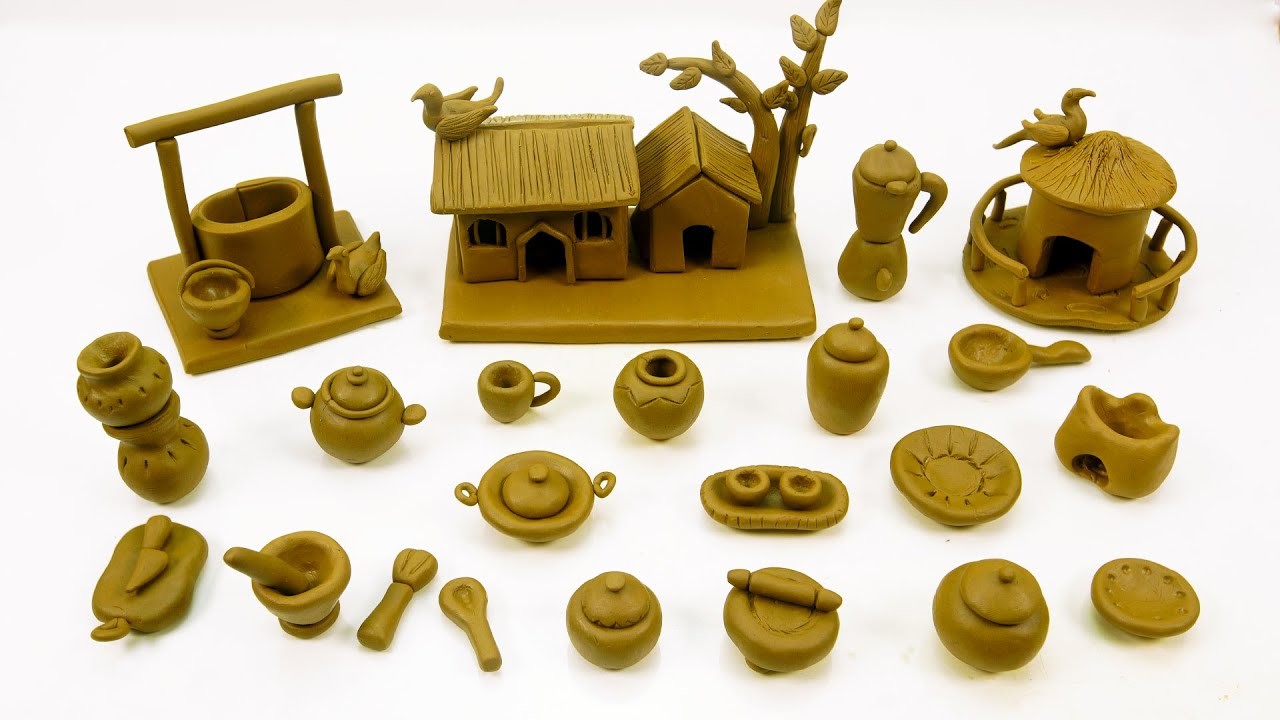 DIY How to make polymer clay miniature house, kitchen set, Bullock cart, Hand Pump, Tree | Village