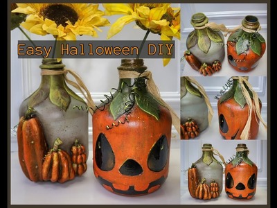 Easy Halloween craft DIY. Chalk paint recipe. Halloween pumpkin glass bottle. Halloween decor
