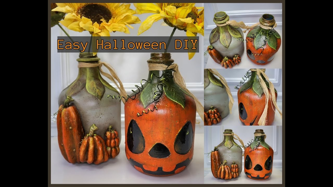 Easy Halloween craft DIY. Chalk paint recipe. Halloween pumpkin glass bottle. Halloween decor