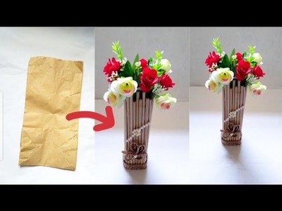 EASY PAPER CRAFT.REUSE BROWN PAPER BAG.DIY FLOWER VASE FROM PAPER BAG!!