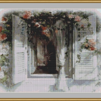 Rose Covered Shutters Cross Stitch Pattern