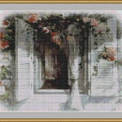 Rose Covered Shutters Cross Stitch Pattern