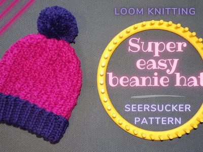 Loom knit hat with seersucker pattern - SUPER EASY (IT TAKES 1 HOUR!) - ENGLISH TUTORIAL
