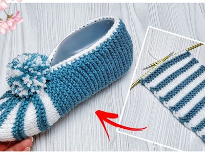 Flat knitted slipper socks with pompom. Very Easy Knitting Ladies Shoes , Booties , Socks , Slippers