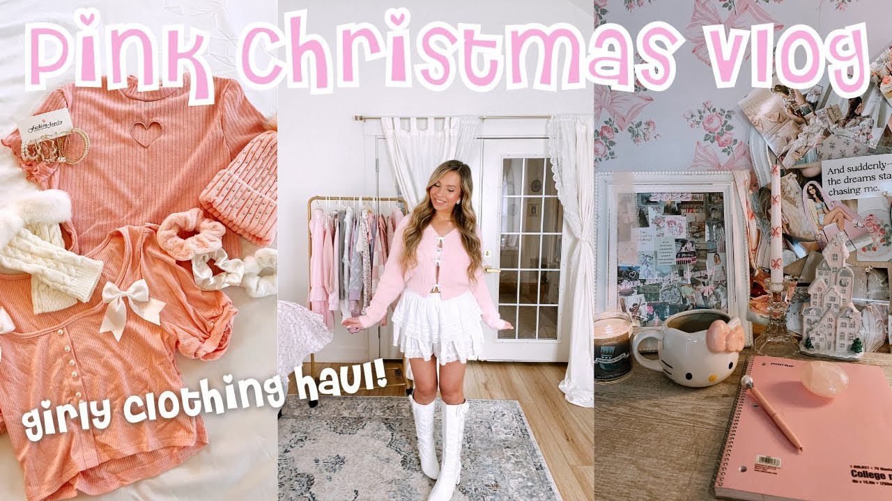 PINK CHRISTMAS VLOG: huge girly clothing haul, gel acrylic nails at home, wrapping Christmas gifts!