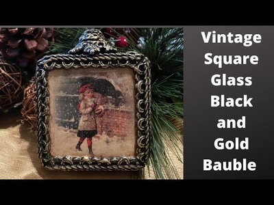 Vintage Square Black and Gold Glass Bauble