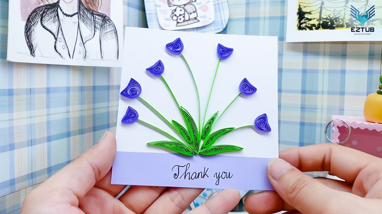 AWLN02 Elegance Quilling Thank You Card With Purple Flowers DIY Handmade Tutorial. Ann Walker