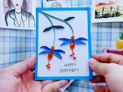 AWLN04 Compliant Quilling Blue Birthday Flower Card DIY Handmade Tutorial. Ann Walker Linda Nelson