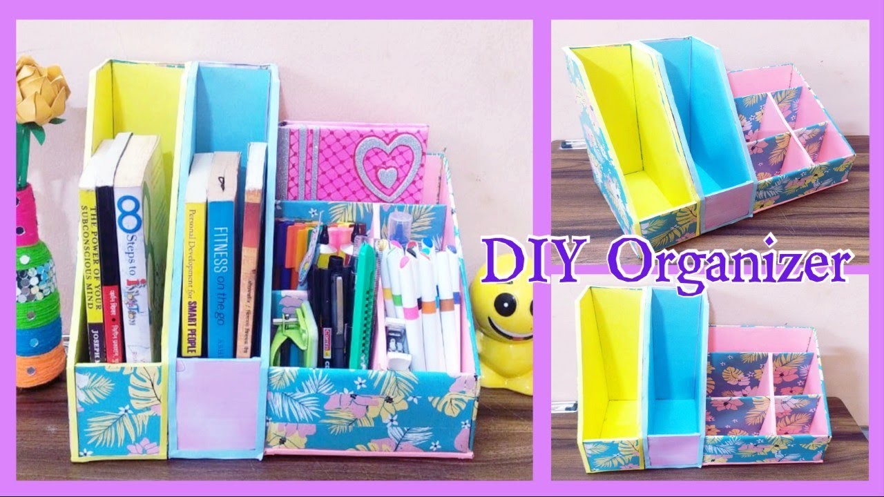 DIY Cardboard desktop organizer. cardboard box organizer for storage. school supplies organizercraft