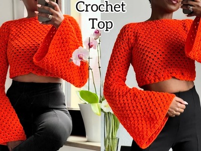 DIY Crochet Bell Sleeve Top With Granny Stitch   #crochet