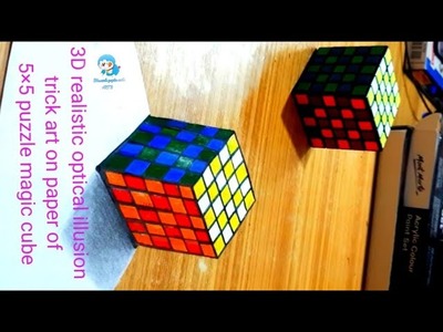 3D realistic optical illusion trick art on paper of 5×5 puzzle magic cube
