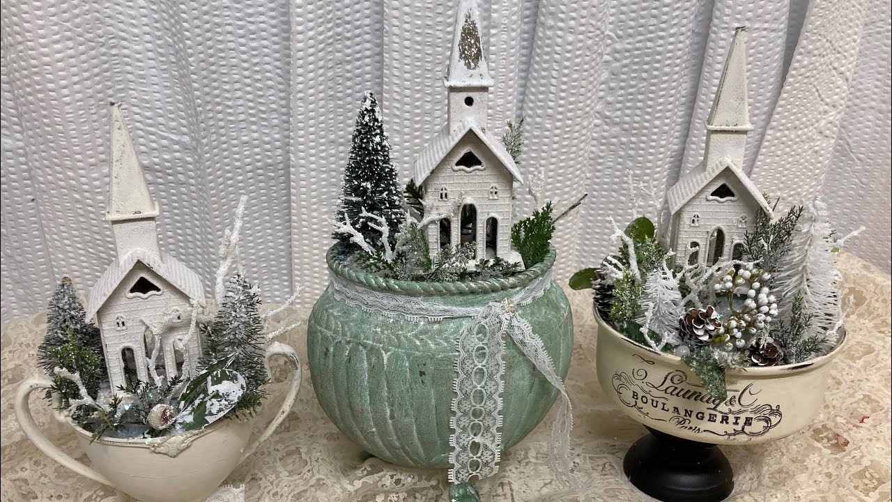 How to make Miniature Winter Church arrangements from various Containers