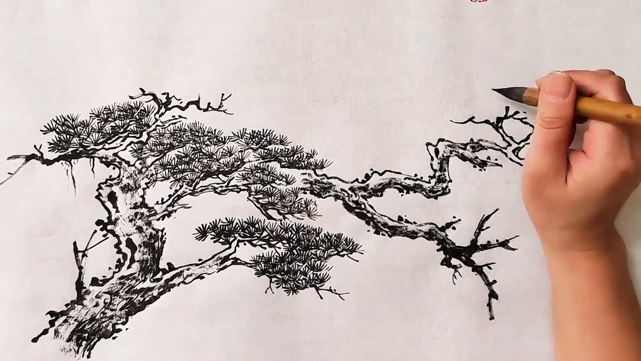 Ink wash painting of Pine tree