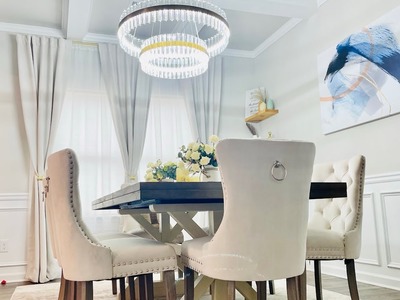 Modern Dining Room Decor and Setup with Crystal Chandelier