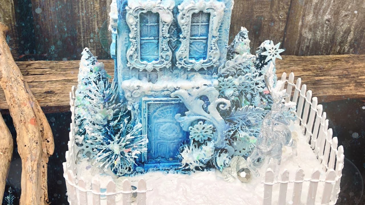 The Mixed Media Place: winter scene. Altered gingerbread biscuit tin.