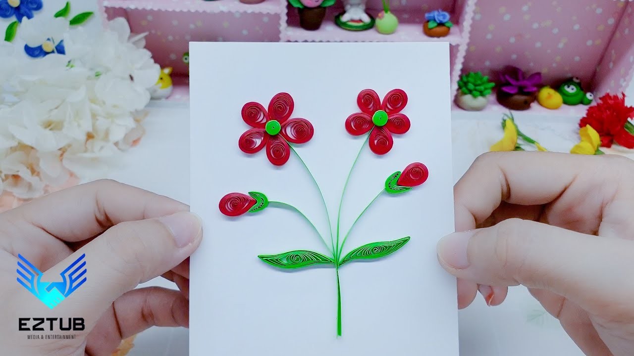 CCBT06 Amazing Quilling Red Five Petaled Flower Card. Charity Cronin Bailey Tillman