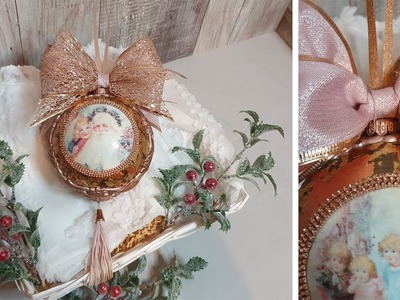 Christmas Bauble in Pink and Rose Gold???? #christmas #decoupage #mixedmedia #homemade