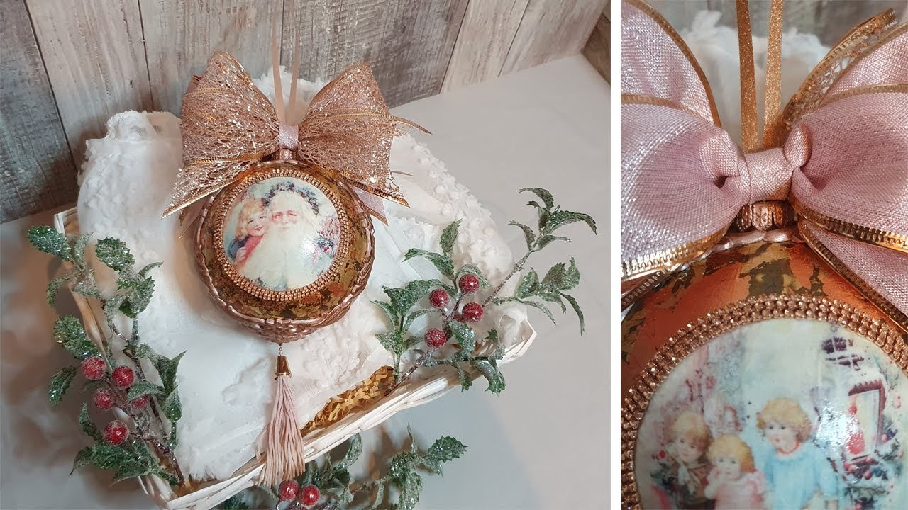 Christmas Bauble in Pink and Rose Gold???? #christmas #decoupage #mixedmedia #homemade