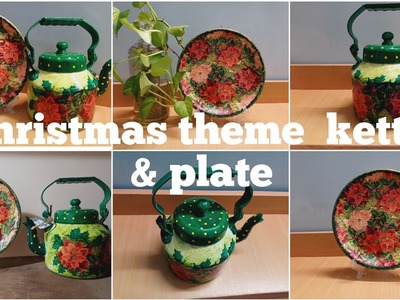 Christmas theme kettle & plate #decoupage  #kettleart #wallplate #diycraft #christmasdecor #diy