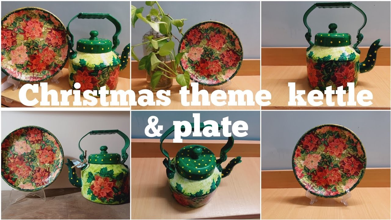 Christmas theme kettle & plate #decoupage  #kettleart #wallplate #diycraft #christmasdecor #diy