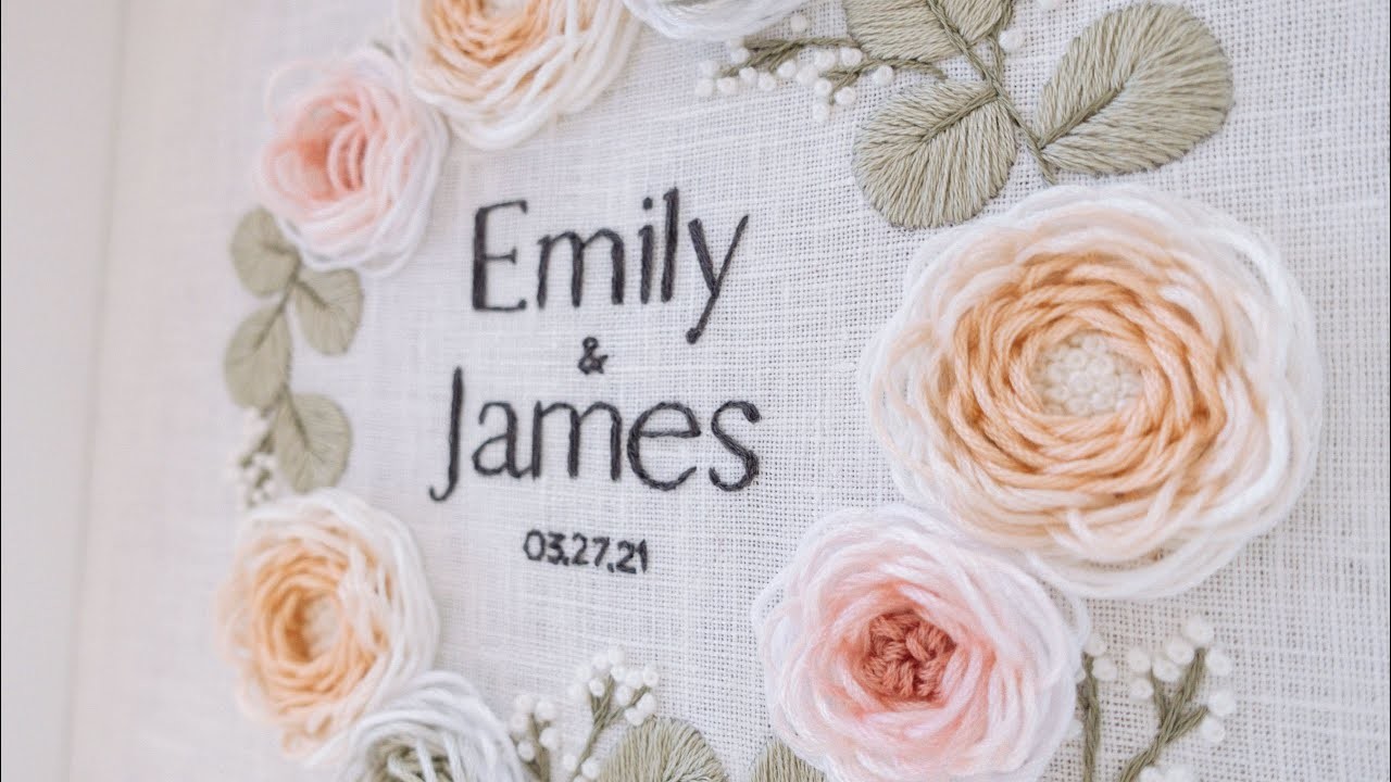 Peonies and Garden Roses wreath design - Elegant flower and letters hand embroidery pattern