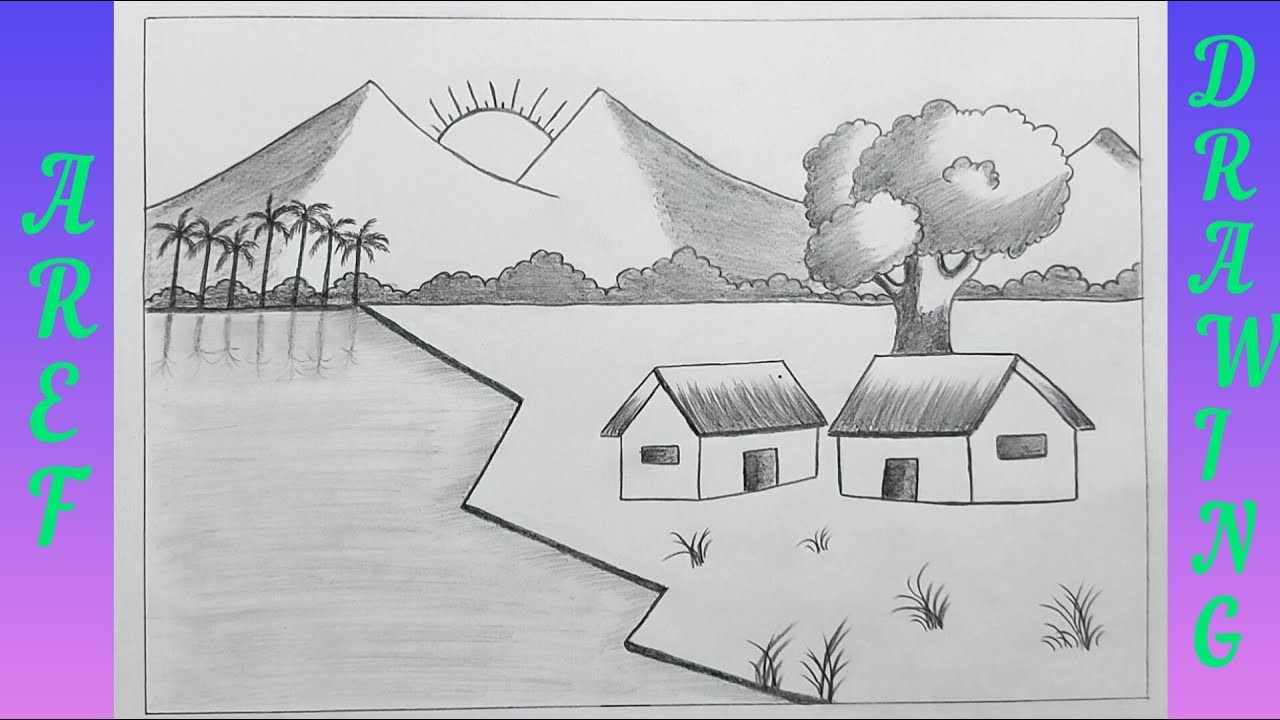 Village scenery drawing easy for beginners | village home drawing and easy scenery || ArefDrawing