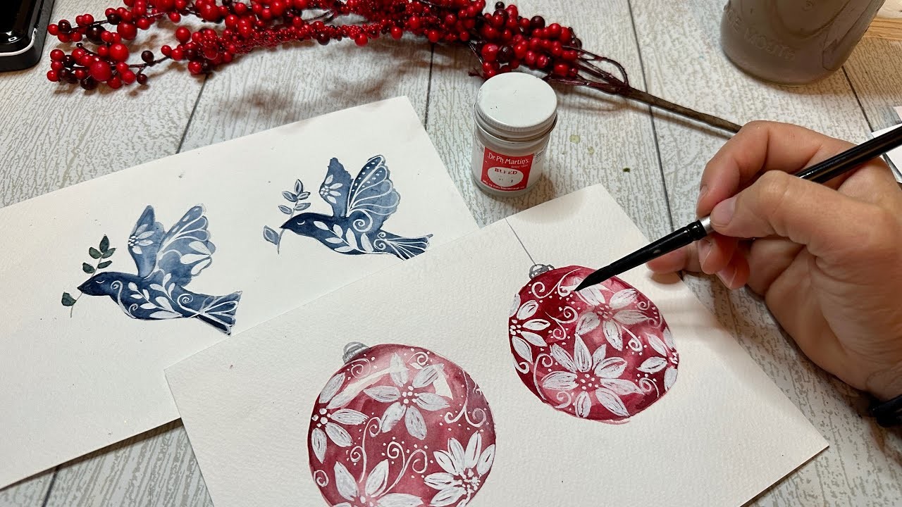 Easy Watercolor Holiday Card ideas - Ornaments and Peace Dove