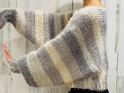 Sweater or jersey oversized  a crochet con mangas murciélago - todas las tallas || Tutorial ||