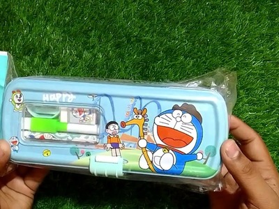 Doraemon Pencil box free pencil kit sharpener eraser scale magic pen #stationery unboxing review KTS