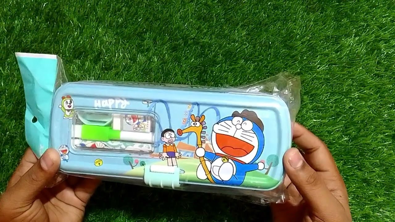 Doraemon Pencil box free pencil kit sharpener eraser scale magic pen #stationery unboxing review KTS