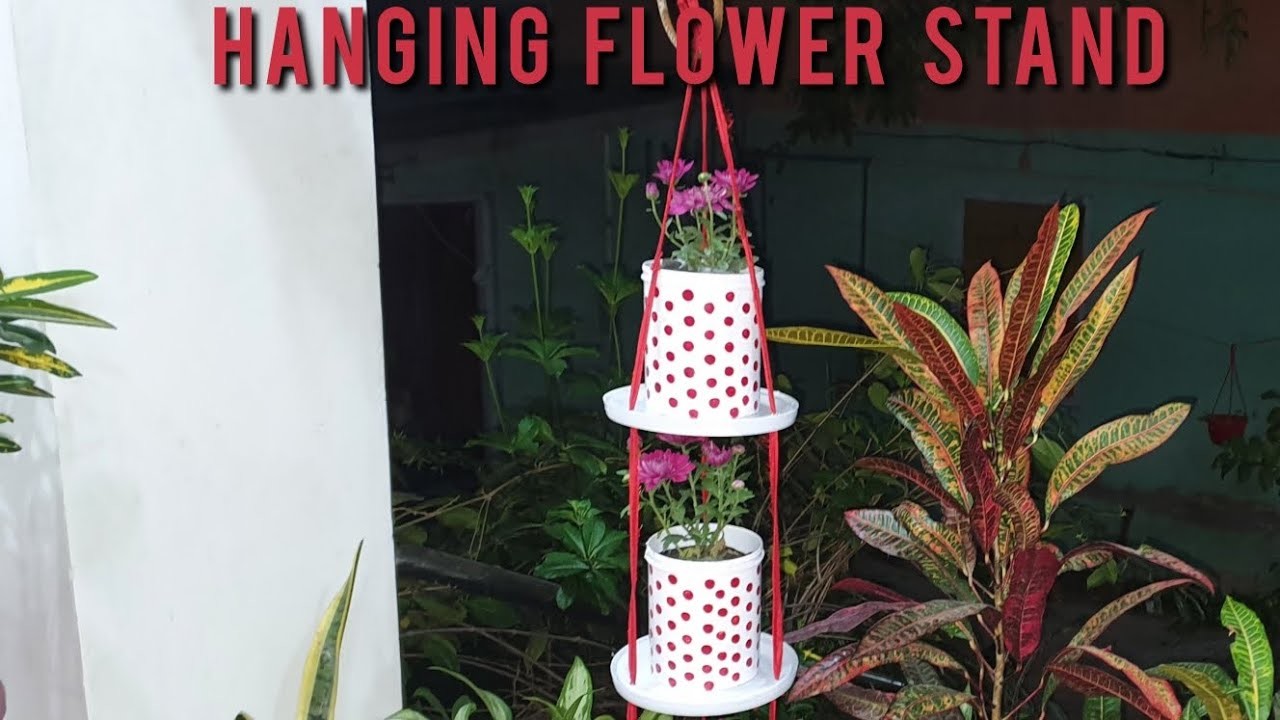 HANGING FLOWER STAND MADE FROM WASTE PLASTIC PAINT COLOUR BOX #diy#diycrafts#selfmade #decoration