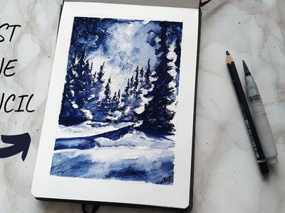 One pencil painting - Winter wonderland painting tutorial using watercolor pencils