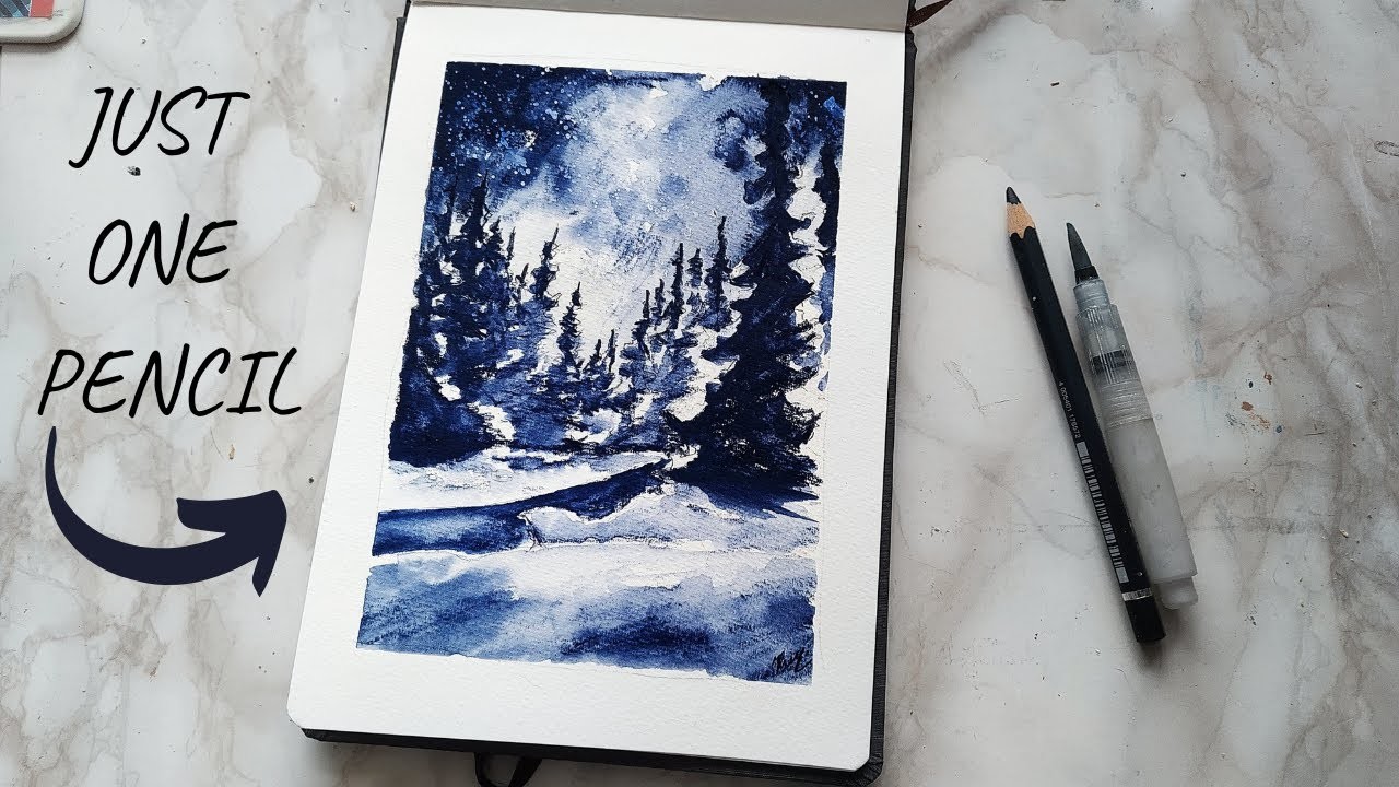 One pencil painting - Winter wonderland painting tutorial using watercolor pencils