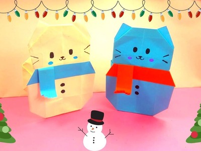 Origami Paper box Cat Snowman | Mini snow cat box is here | Easy DIY Christmas Crafts Tutorial