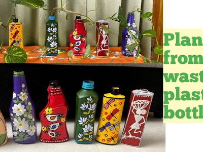 Painting on waste plastic bottles.Money plant(Pothos) planters.Money plant Decoration.planters