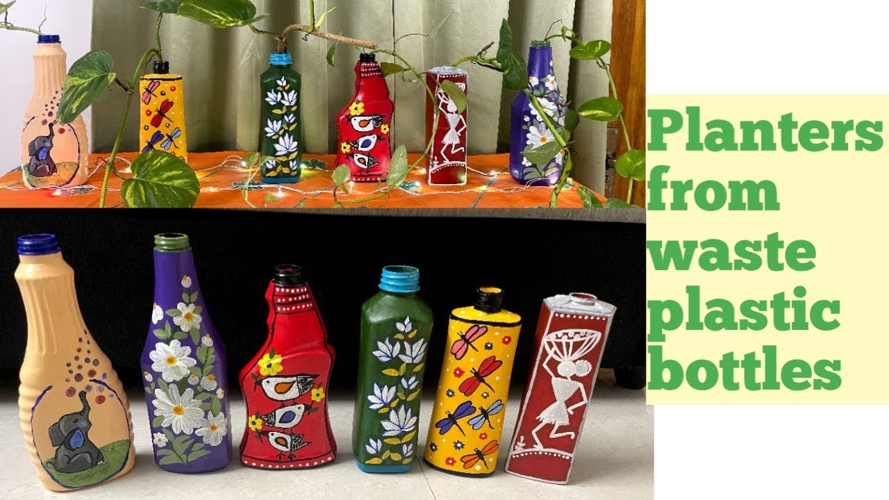 Painting on waste plastic bottles.Money plant(Pothos) planters.Money plant Decoration.planters