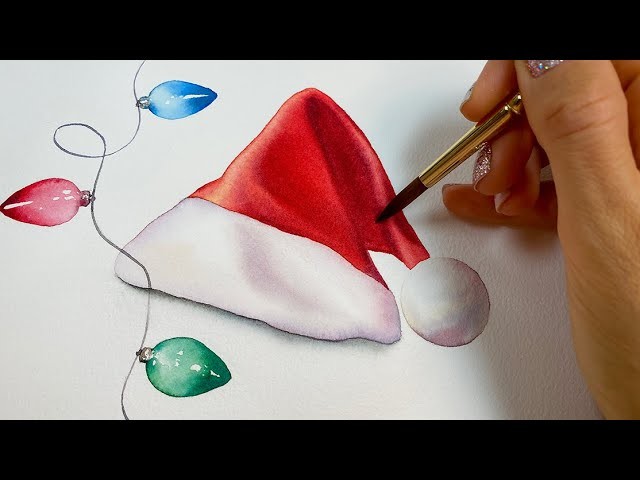 Santa's hat and string lights Christmas painting in watercolor