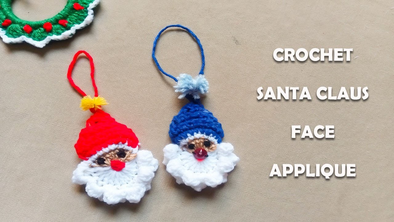 Crochet Santa Claus Face Applique tutorial - Christmas Ornament