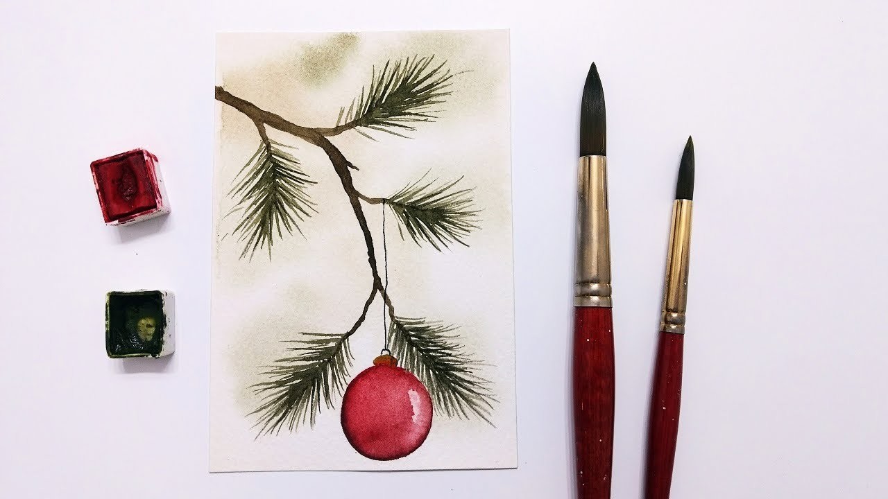 Easy watercolor Christmas card painting tutorial for beginners » How to paint pine branch ornament