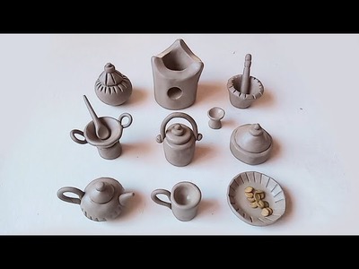 Clay crafts, Miniature clay kitchen tools and equipment,polymer kitchen set,mitti ke khilone
