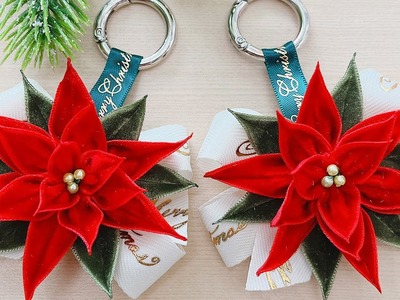 DIY, How to make a Poinsettia Key Ring with Velvet Ribbon, Christmas Ornament (243)