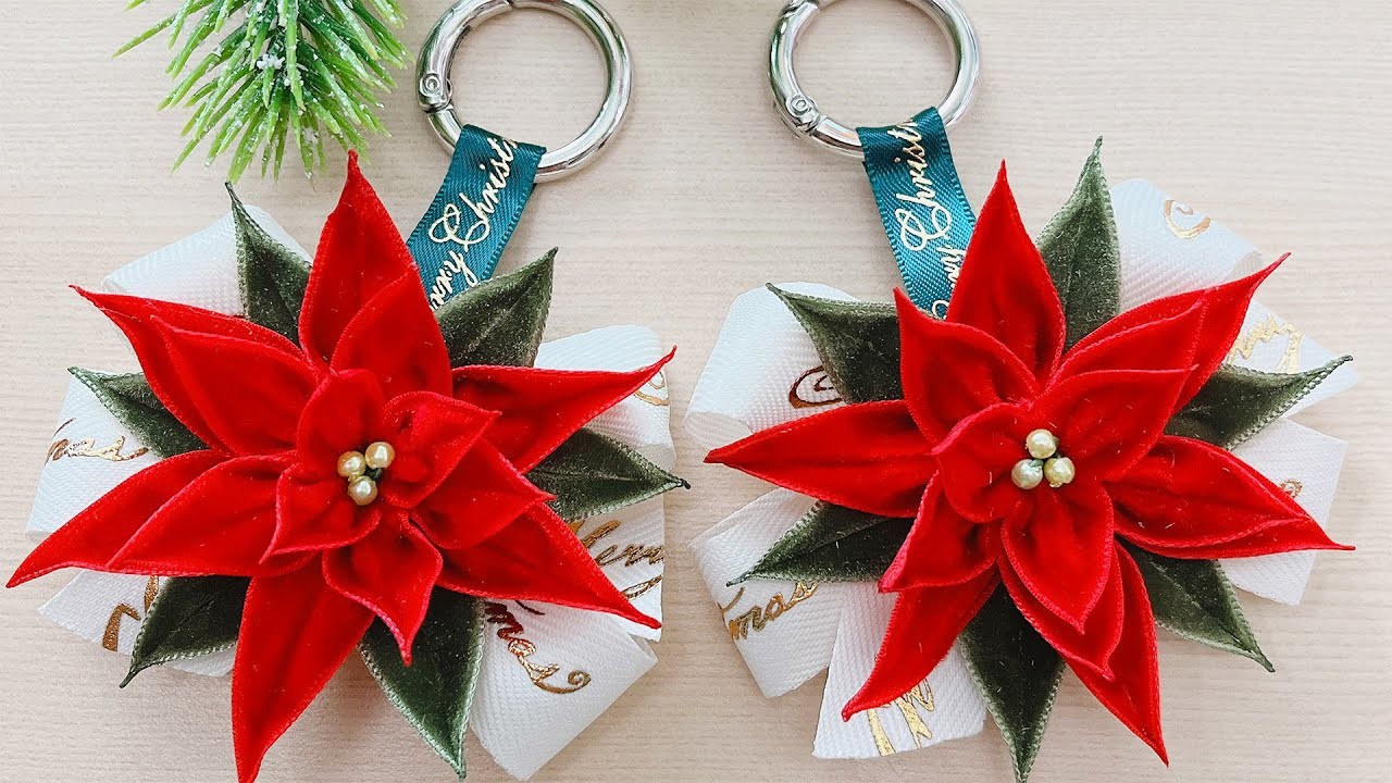 DIY, How to make a Poinsettia Key Ring with Velvet Ribbon, Christmas Ornament (243)