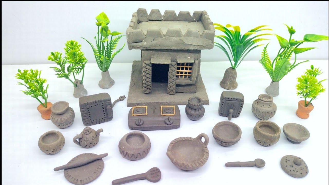 DIY How to make polymer clay miniature kitchen set, Owen, house, hand pump, cow, Windmill, farm,,,,