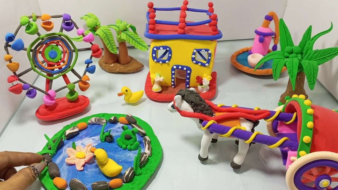 DIY How to Make Polymer Clay Villa House Setup, Bull Cart, Park Rides, ferries wheel | clay secrets