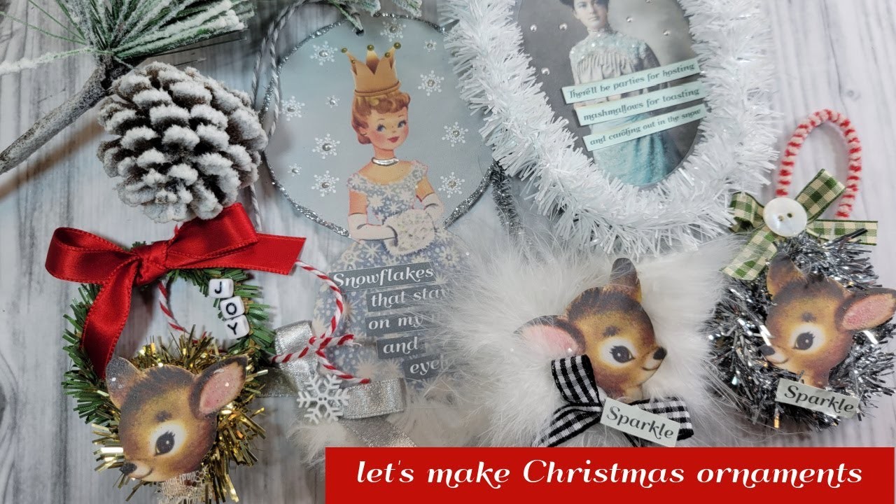 Christmas ornament paper crafting Snow Globe Princess Vintage photo & Vintage deer ORNAMENTS
