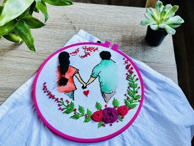 ????Hand Embroidery ????Couple hoop Art | Back French-knot Satin woven-wheel floral stitch #tutorial#diy