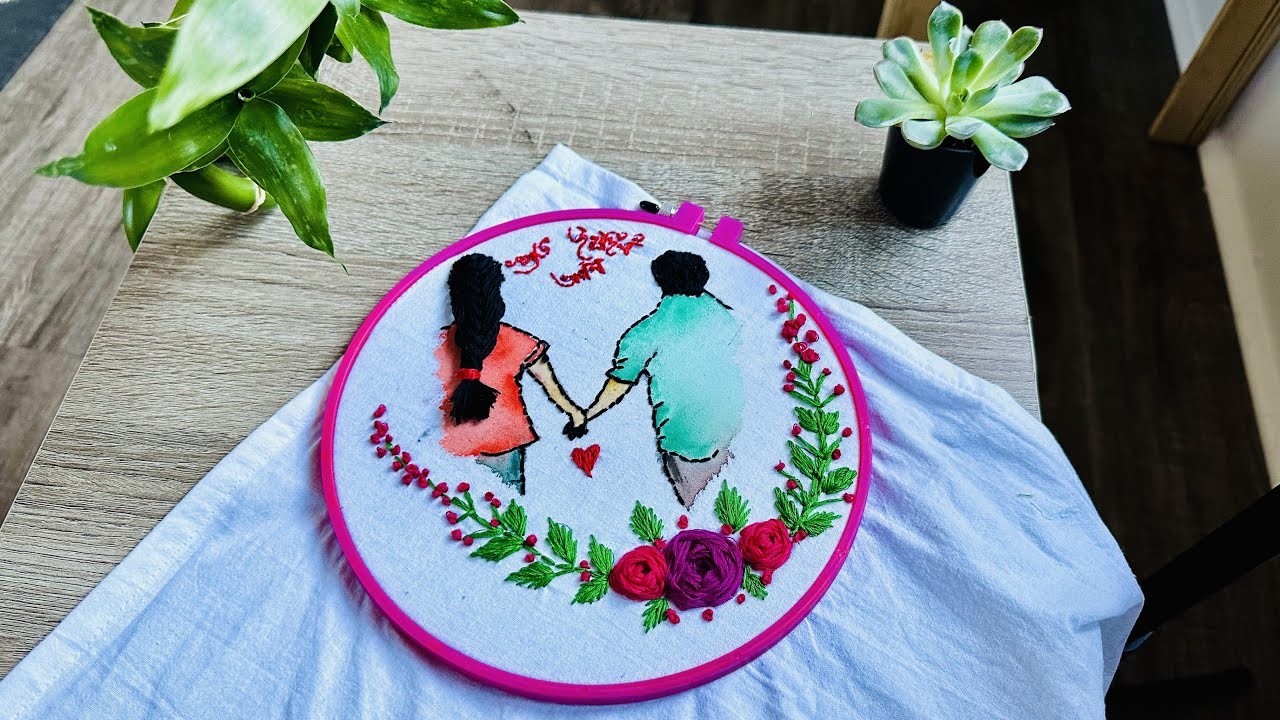 ????Hand Embroidery ????Couple hoop Art | Back French-knot Satin woven-wheel floral stitch #tutorial#diy