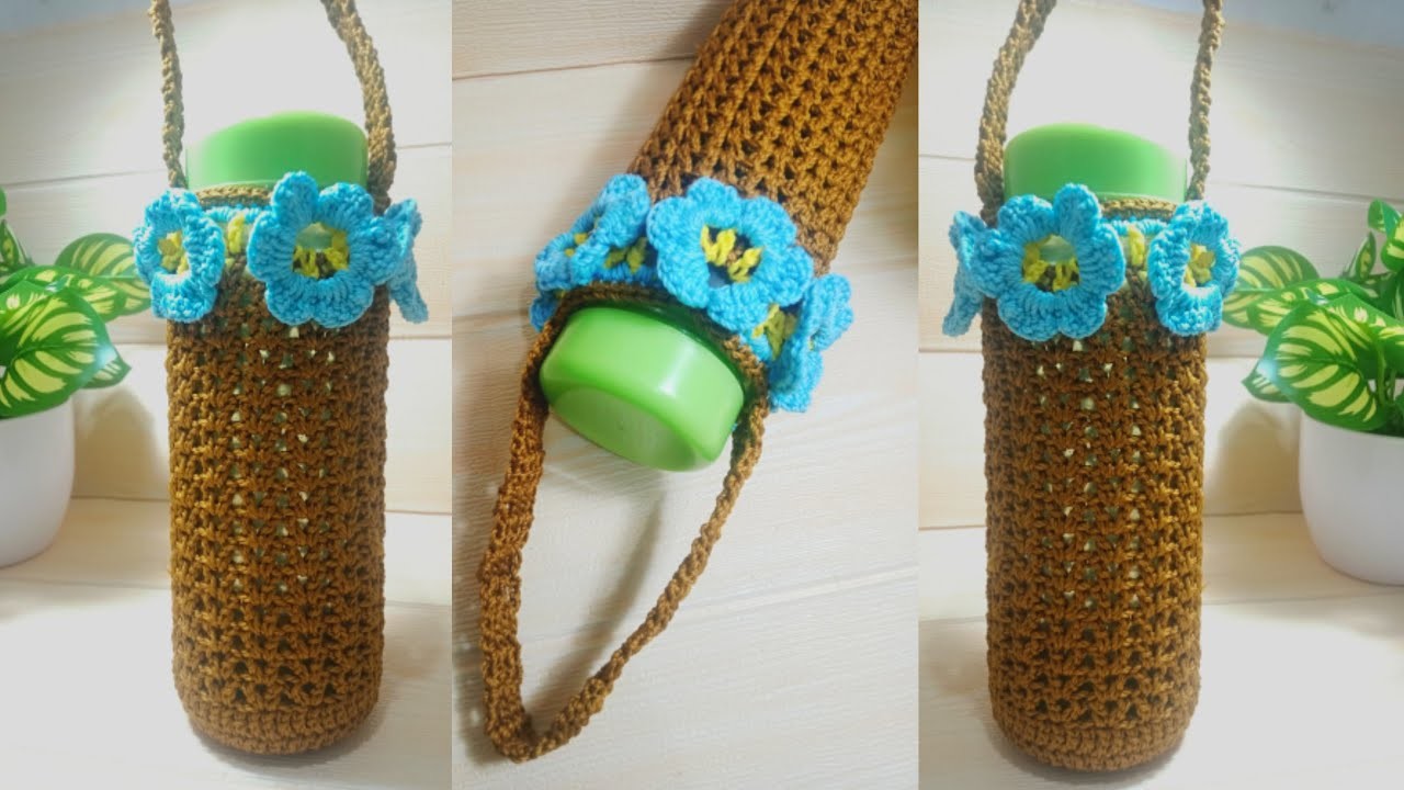 How to crochet blue flower bottle holder | crochet bottle cover